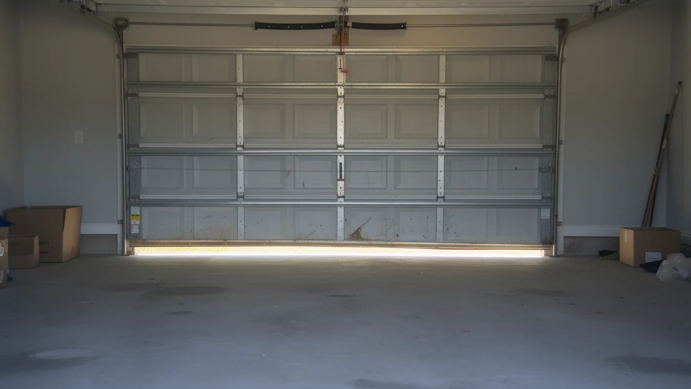 The garage door is partially closed with light shining underneath.