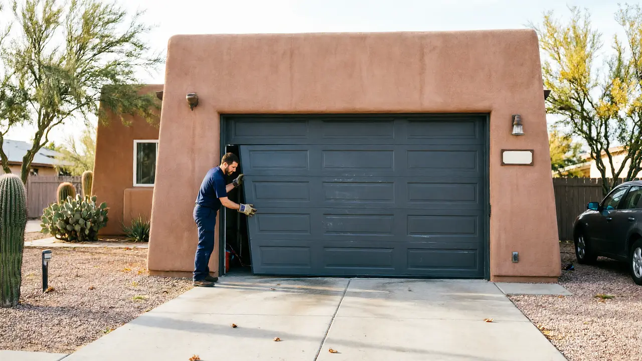 A technician in blue works on a dark gray garage door of a stucco house.