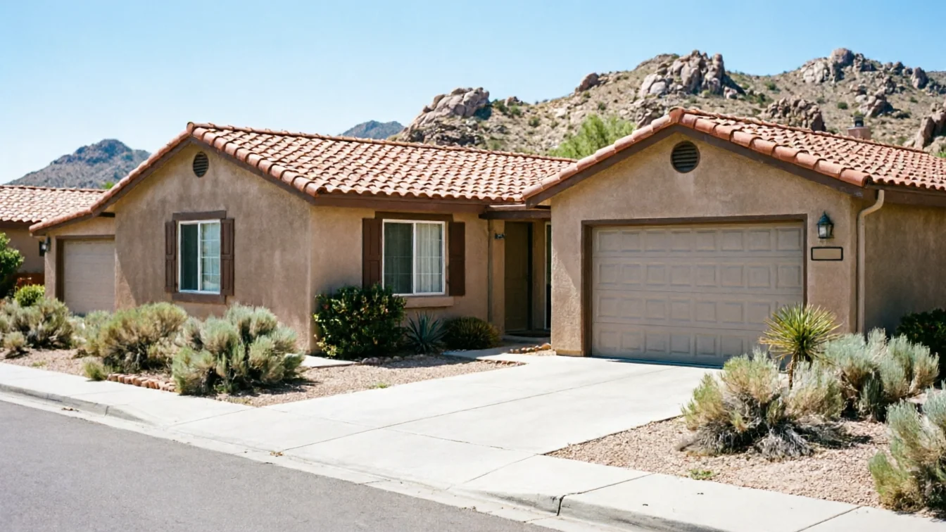 The house has a tan garage door, stucco walls, and a red tile roof.