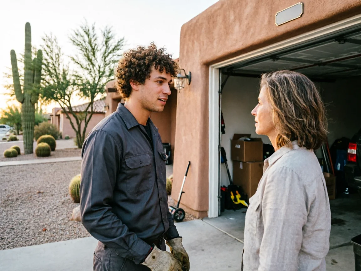 A technician in work clothes talks to a woman in front of a house with an open garage.