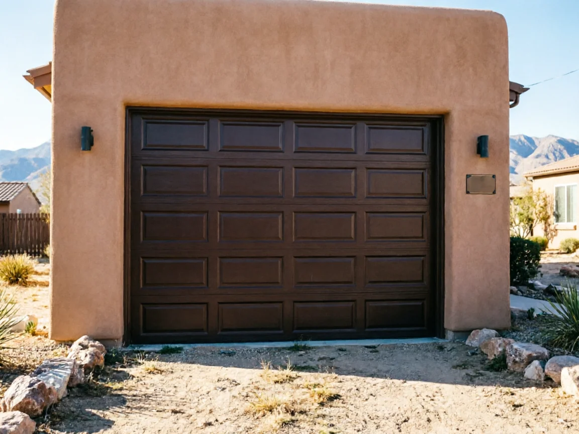A brown paneled garage door is set into a tan stucco house.
