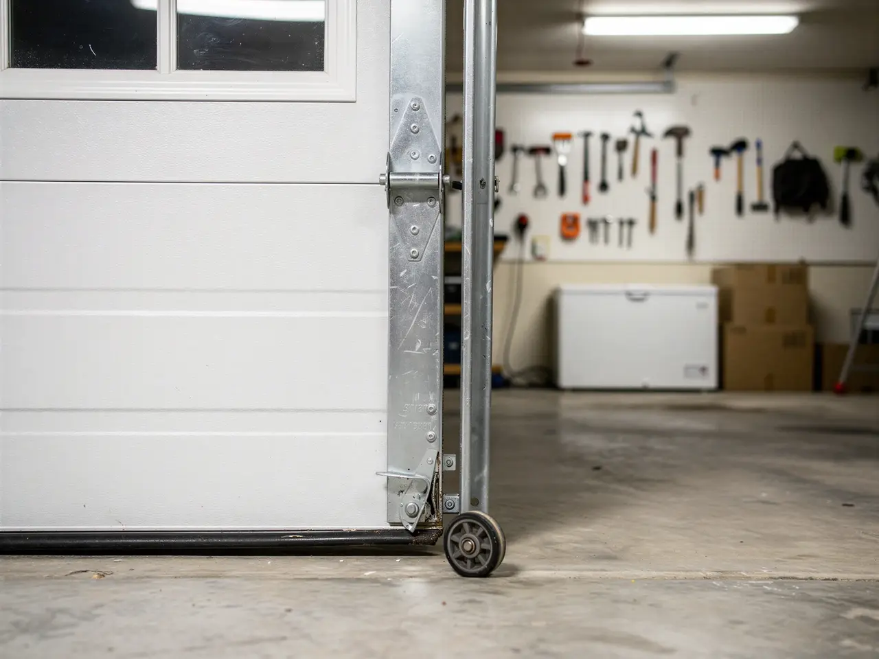 A white garage door is open, showing a garage interior with tools.