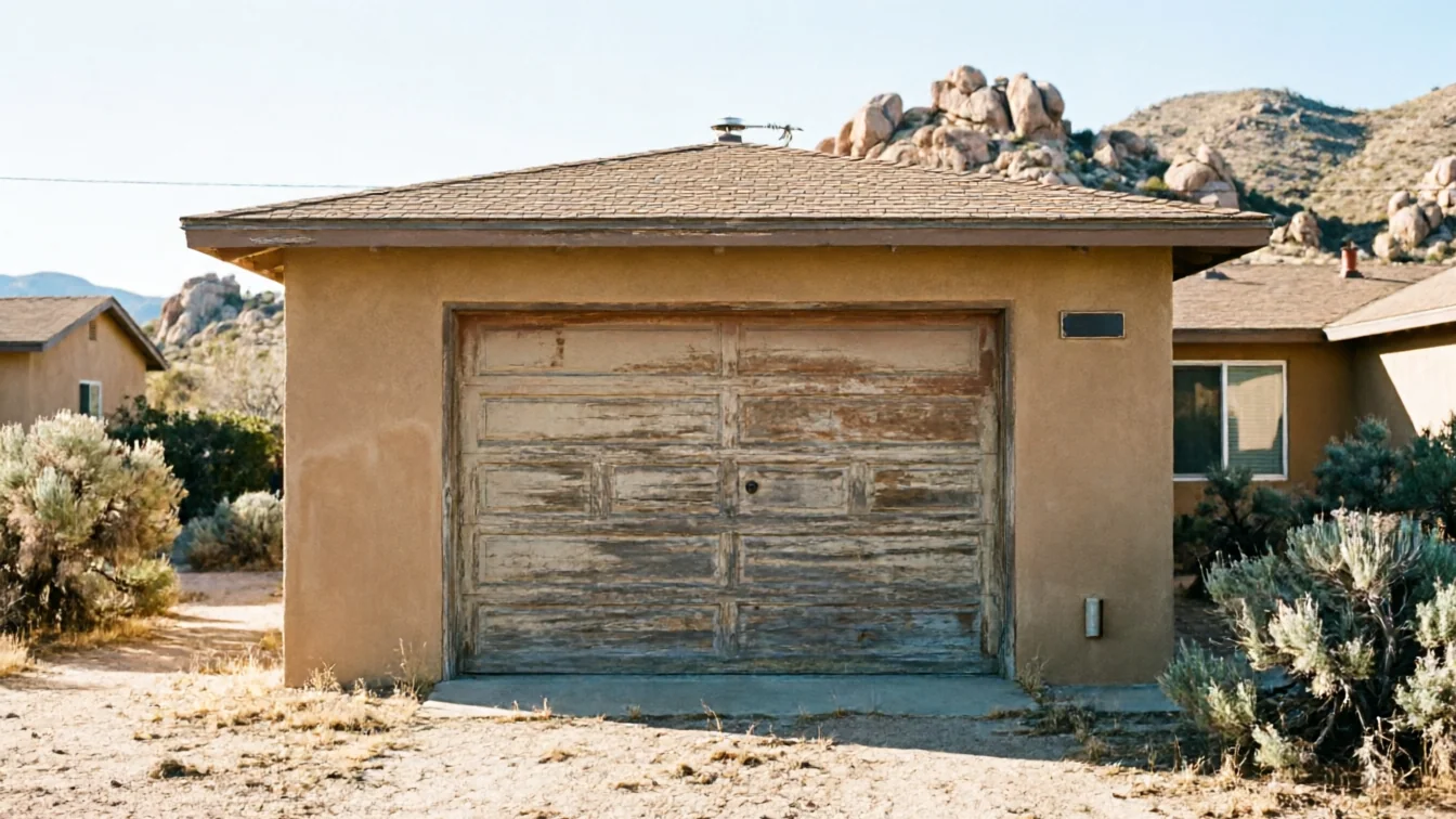 The house has a peeling garage door and a brown stucco exterior.